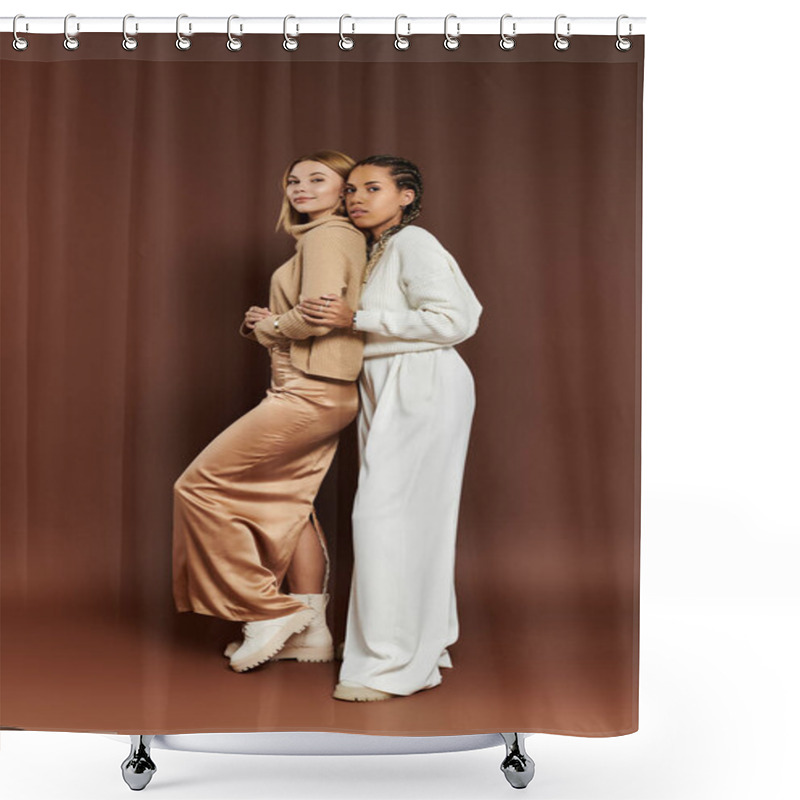 Personality  A Young Couple Enjoys Each Others Company, Showcasing Their Autumn Fashion With Joy And Warmth. Shower Curtains