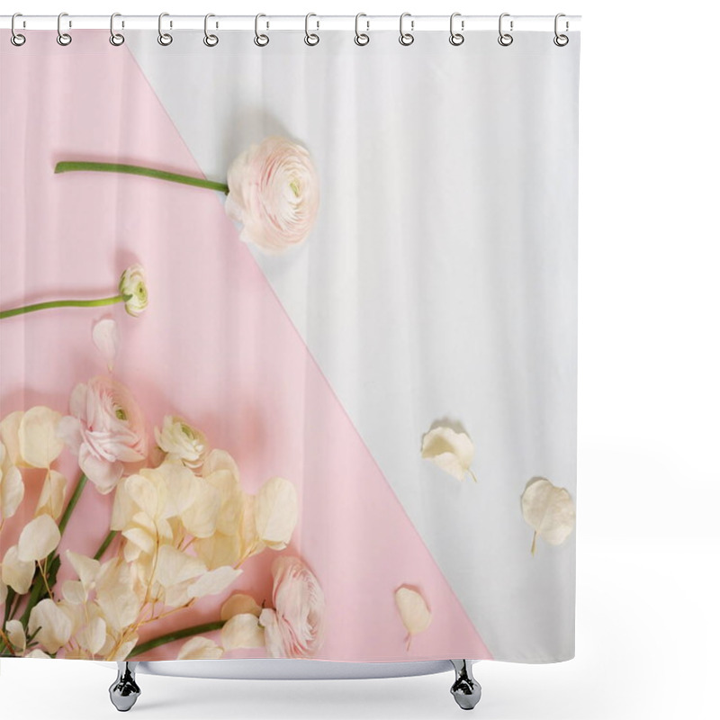 Personality  Pale Pink Ranunculus Flowers  Frame On Pale Pink White Background. Top View.Copy Space Shower Curtains