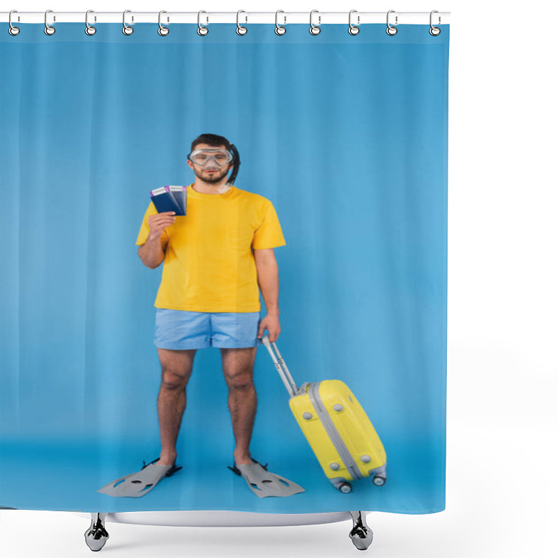 Personality  Man In Swimming Flippers And Goggles Holding Passports And Suitcase On Blue Background  Shower Curtains