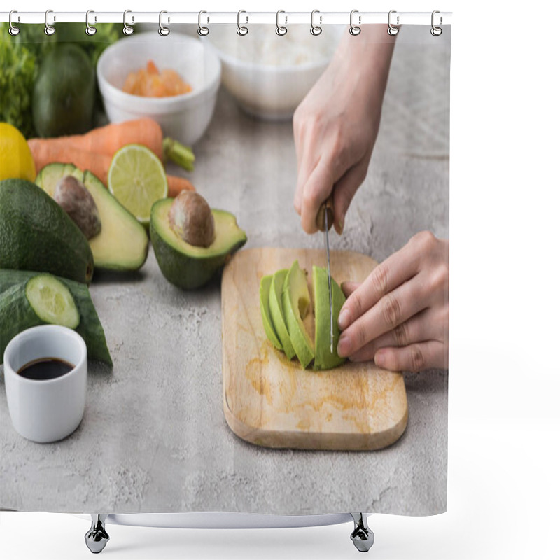 Personality  Cropped View Of Woman Cutting Avocado With Knife On Cutting Board Among Ingredients  Shower Curtains