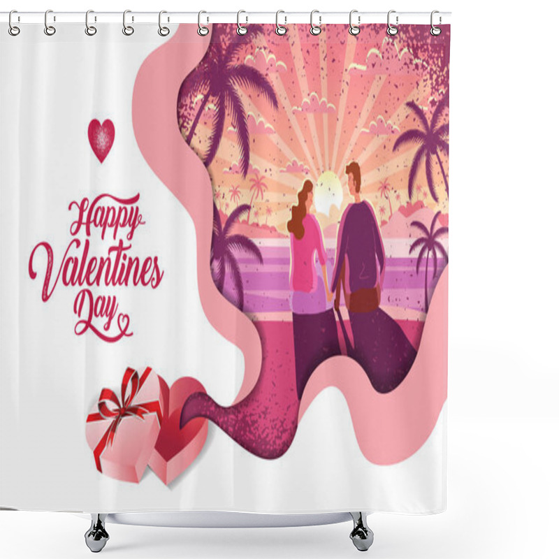 Personality  Lovely Couple ,Valentine's Day ,festival, Sun Rise Landscape Background, Banner Design Layout, Vector Illustration, Art Style, Shower Curtains