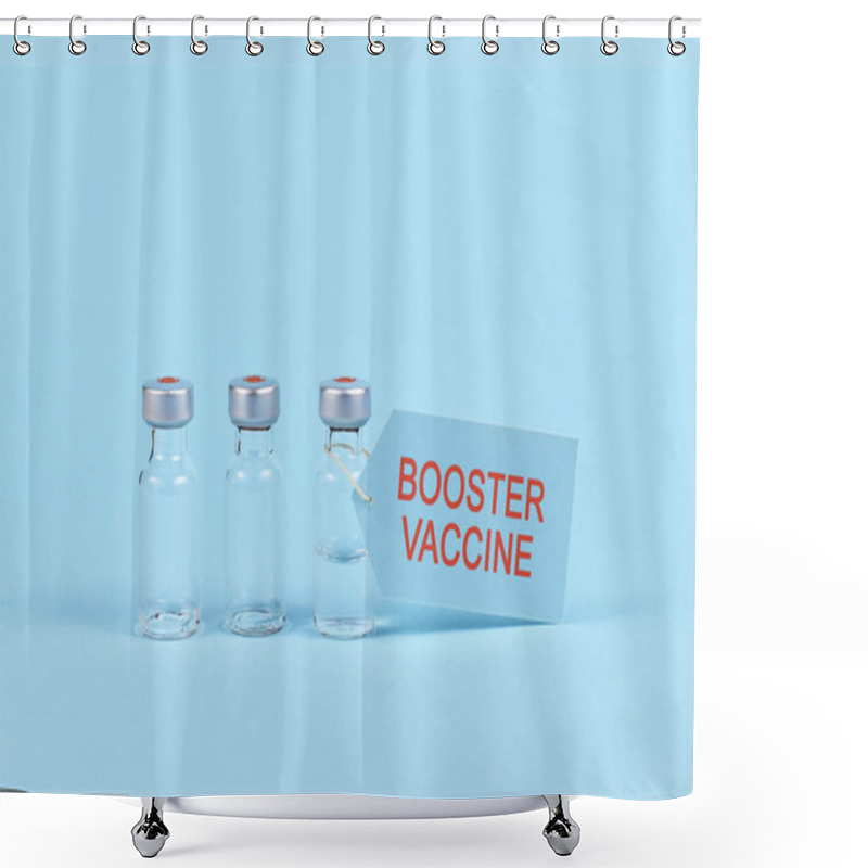 Personality  Corina Virus Booster Vaccination Concept With Vial And Syringe On Blue Background Shower Curtains