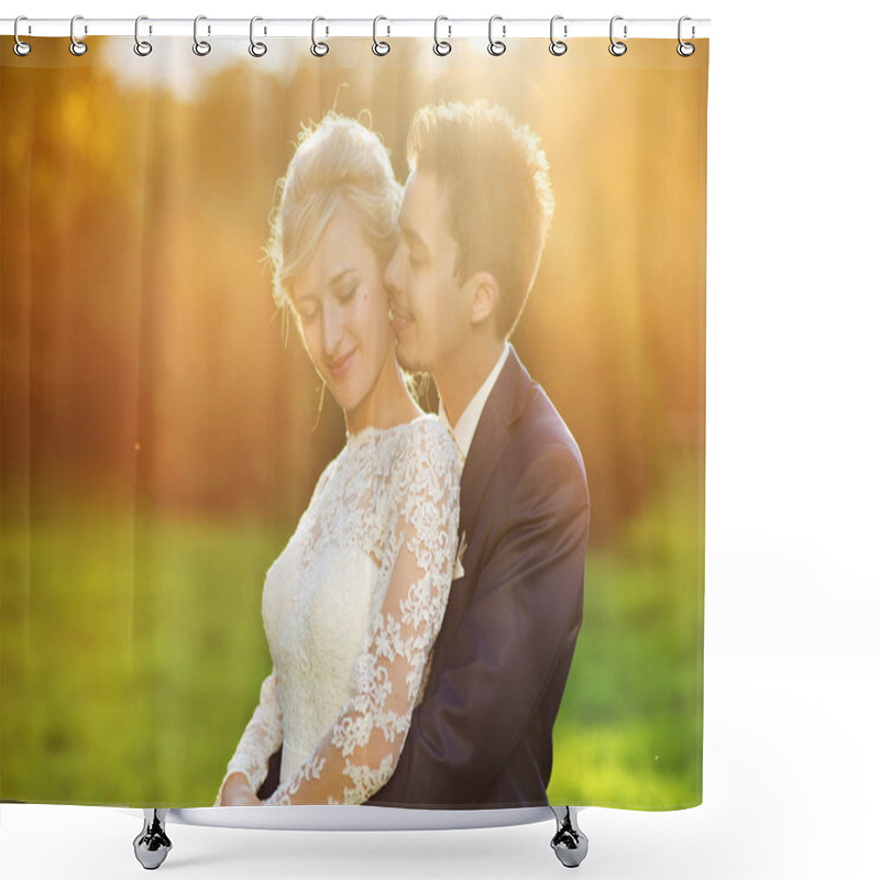 Personality  Wedding Couple Hugging In Park Shower Curtains