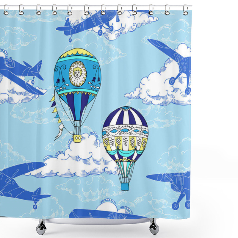 Personality  Seamless Pattern With Clouds, Hot Air Balloons And Airplanes Shower Curtains