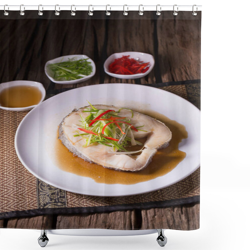 Personality  Snow Fish Steamed In Soy Sauce In White Plate Shower Curtains