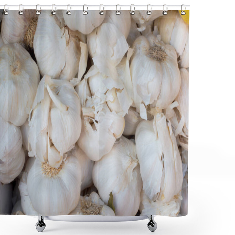 Personality  Garlic Background. Garlic For Sale On Market. Agriculture Background. Close-up. Top View Shower Curtains