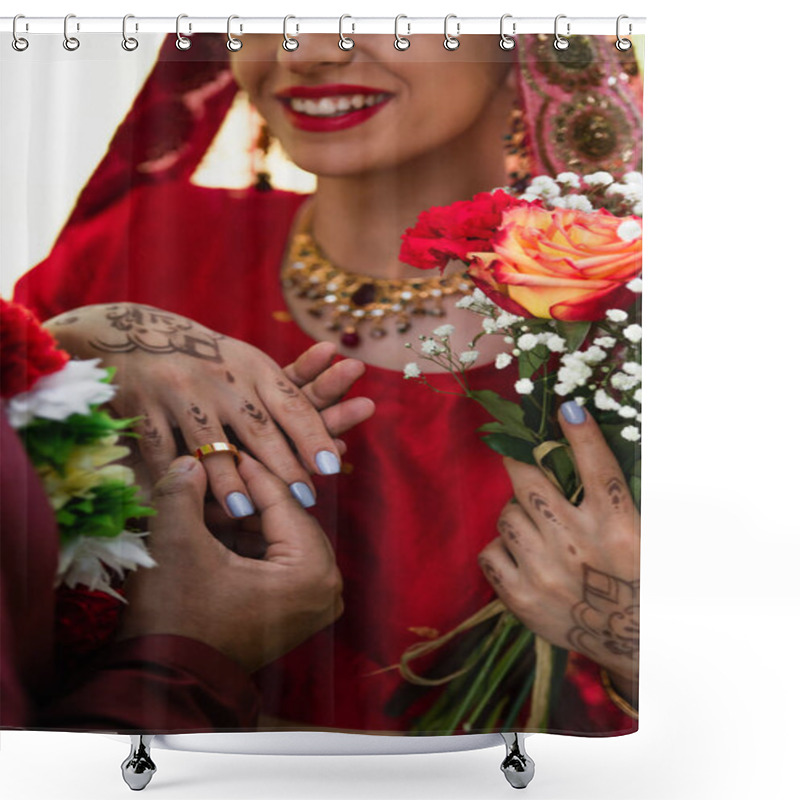 Personality  Partial View Of Happy Indian Man Wearing Wedding Ring On Finger Of Bride  Shower Curtains