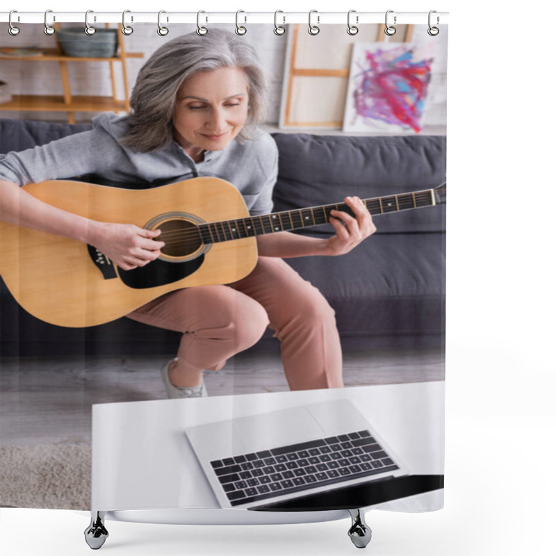 Personality  Middle Aged Woman With Grey Hair Learning To Play Acoustic Guitar Near Laptop With Blank Screen On Coffee Table Shower Curtains