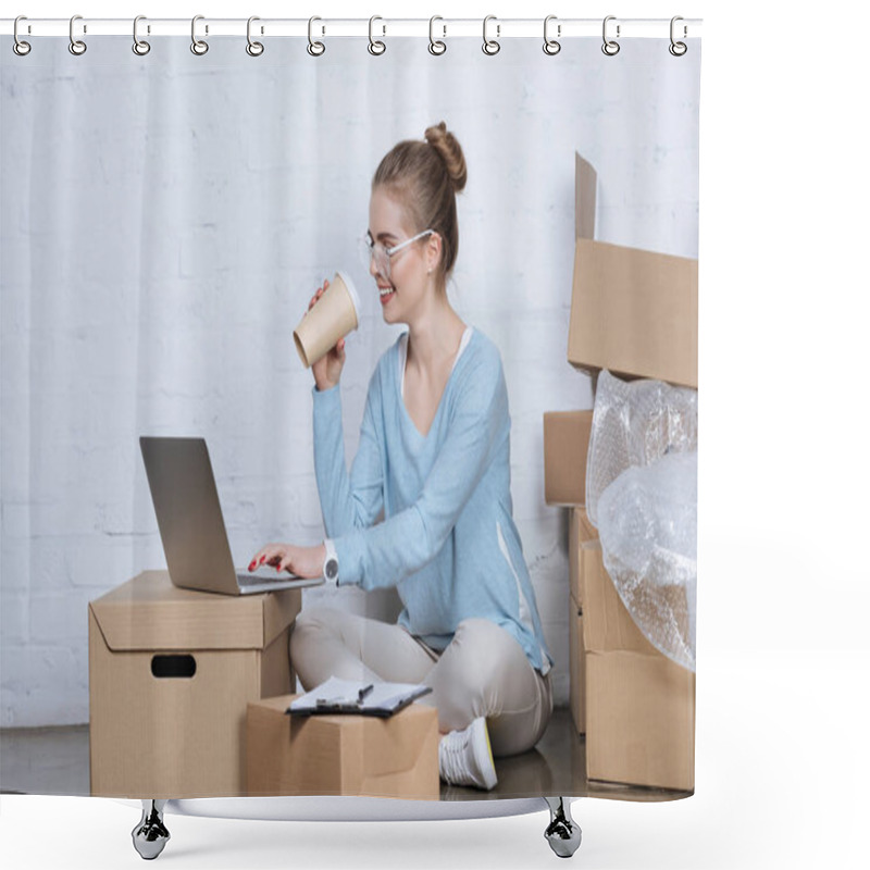 Personality  Side View Of Smiling Businesswoman With Coffee To Go Typing On Laptop At Home Shower Curtains