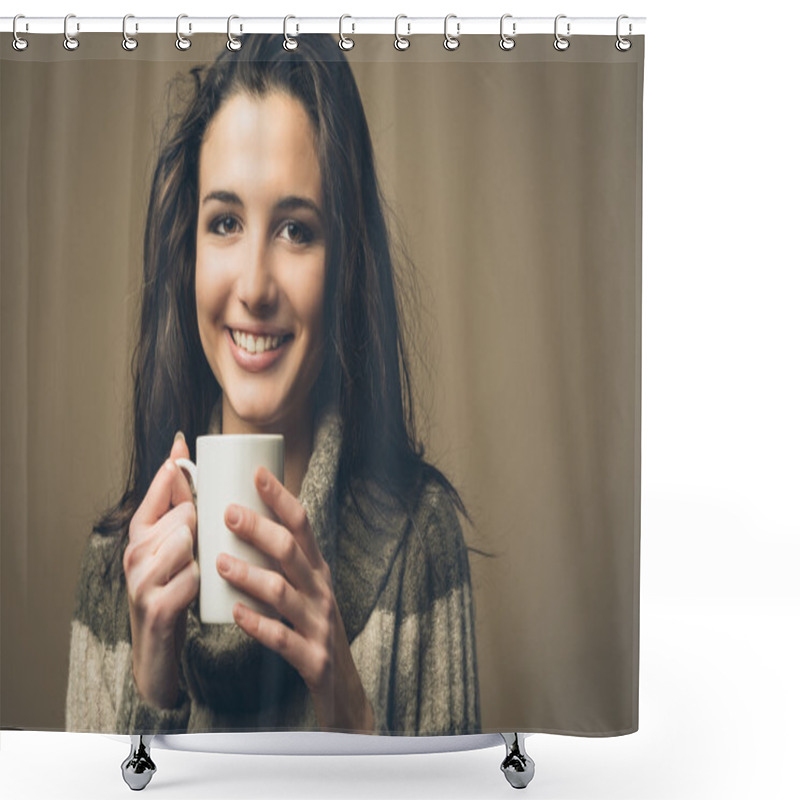 Personality  Beatiful Woman Having Hot Drink Shower Curtains