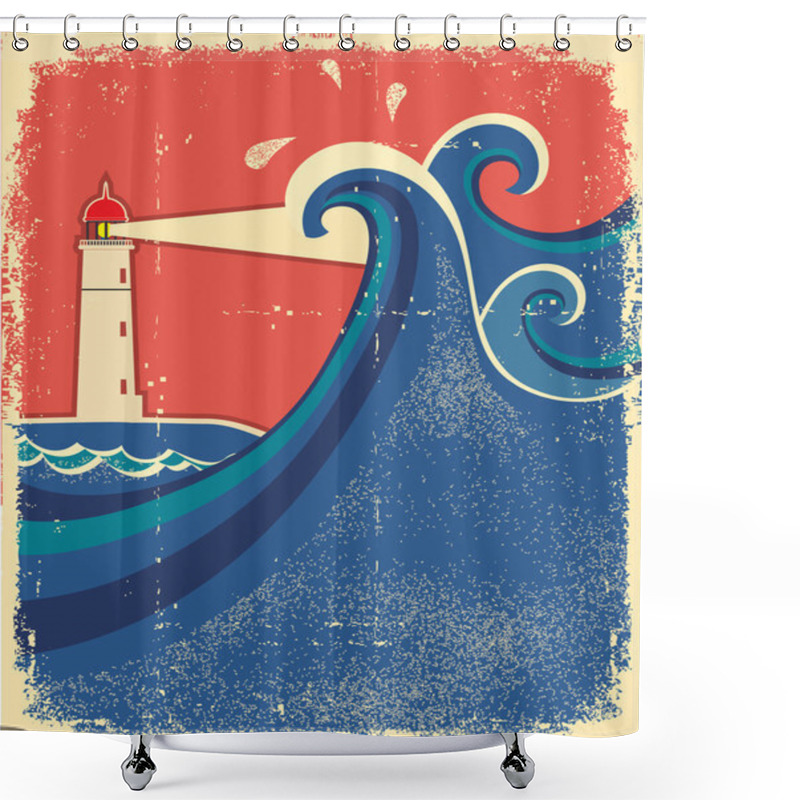 Personality  Lighthouse And Sea Waves.Vector Grunge Background Shower Curtains