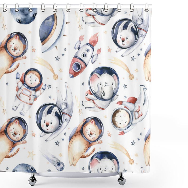 Personality  Astronaut Seamless Pattern. Universe Kids Baby Boy Girl Elephant, Fox Cat And Bunny, Space Suit, Cosmonaut Stars, Planet, Moon, Rocket And Shuttle Watercolor Space Ship Background. Shower Curtains