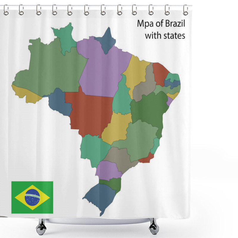 Personality  Map Of Brazil With States, Flag In The Corner, Vector Illustration Shower Curtains