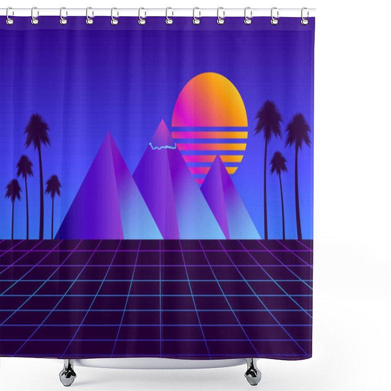 Personality  Retro Futurism Pyramids With Palm Trees. Perspective Grid. Neon Sunset. Synthwave Retro Background. Retrowave. Vector Illustration Shower Curtains