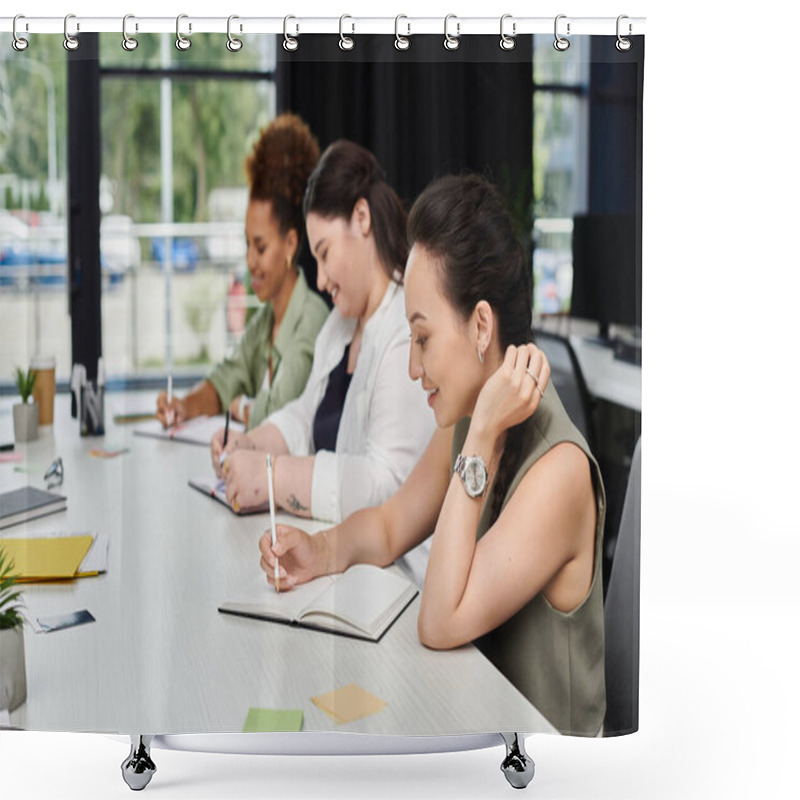 Personality  Three Stylish Businesswomen Actively Engage In Brainstorming And Note Taking At A Sleek Office Desk. Shower Curtains