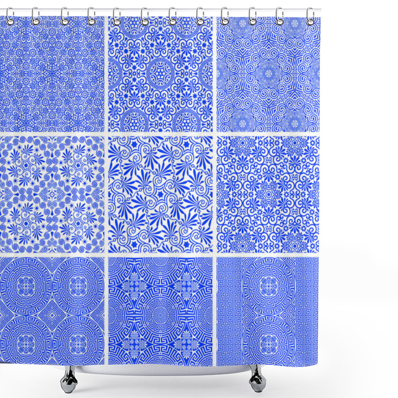 Personality  Vector Set Of Seamless Traditional And Modern Greek Blue Patterns On A White Background. Repeat Line Art Floral And Geometric Elegant Ornaments. Fashion Design For Print On Fabric, Paper, Wallpaper Shower Curtains