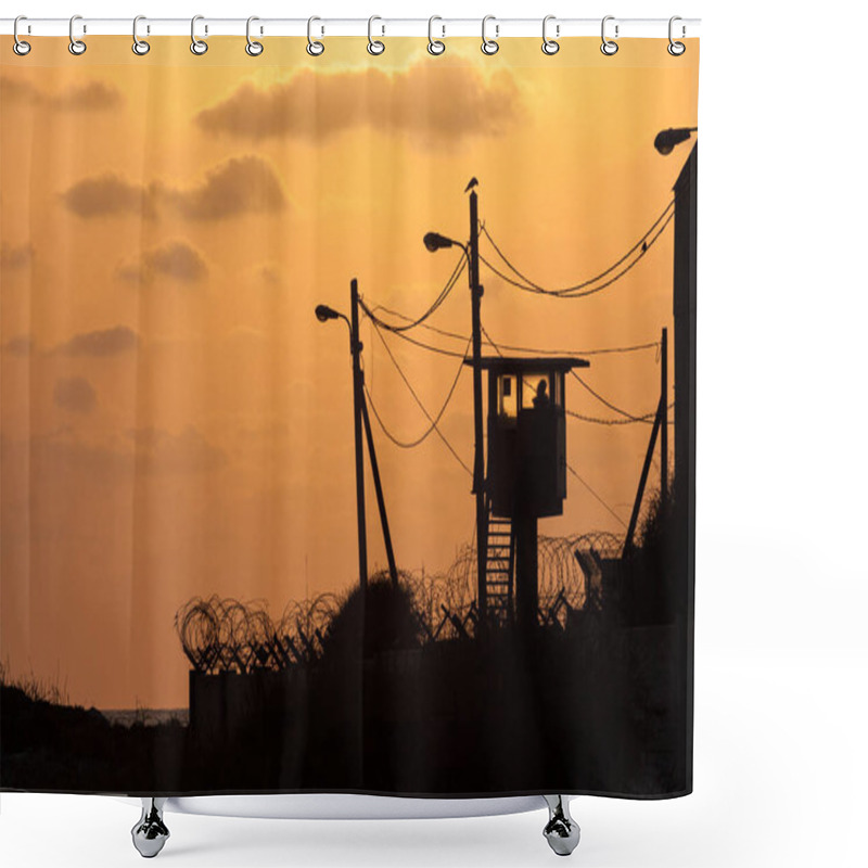 Personality  Silhouette Of Army Watchtower Behind Barbed Wires At Sunset, Israel Shower Curtains