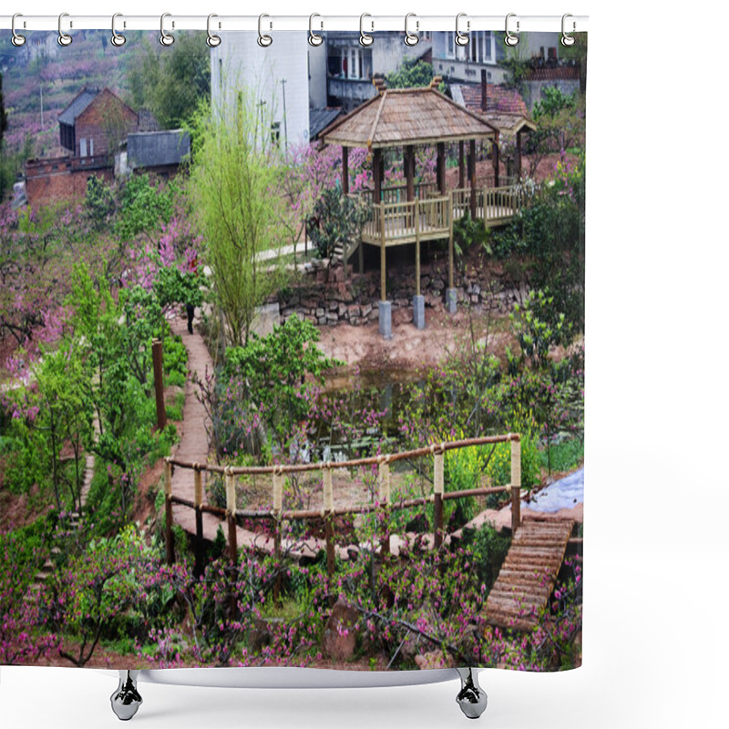 Personality  Pink Peach Trees Bridge Village Chengdu Sichuan China Shower Curtains