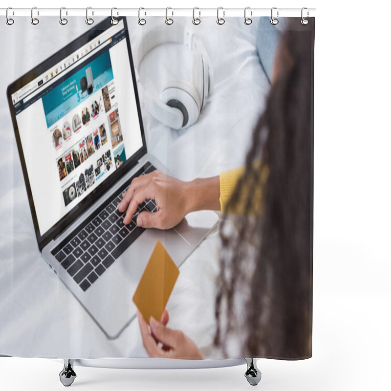 Personality  Cropped Image Of Woman Holding Credit Card And Using Laptop With Amazon  On Screen Shower Curtains