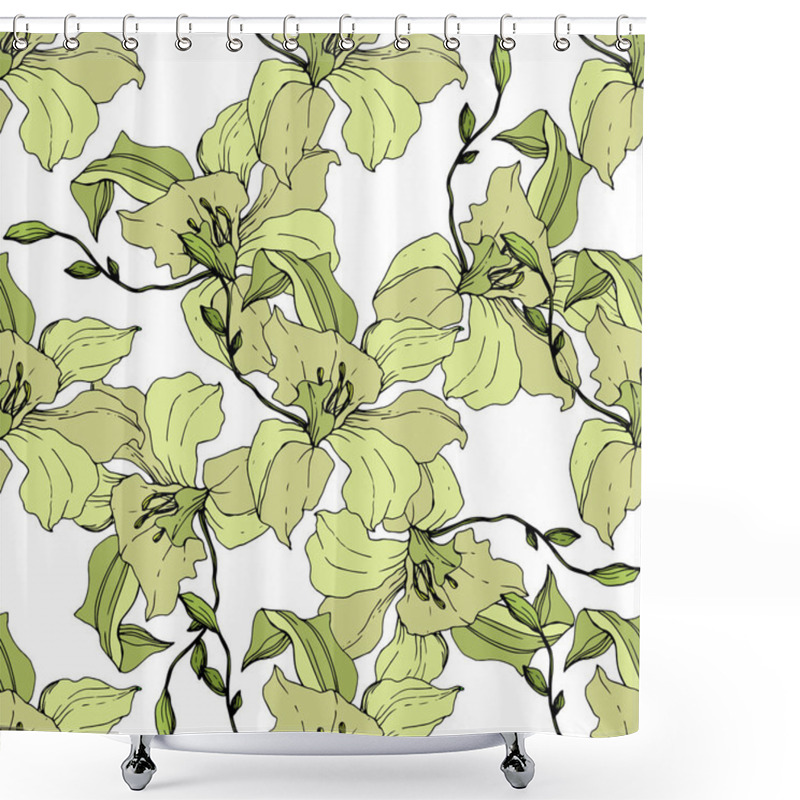 Personality  Beautiful Yellow Orchid Flowers. Seamless Background Pattern. Fabric Wallpaper Print Texture. Engraved Ink Art On White Background. Shower Curtains