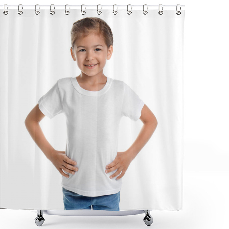 Personality  Little Girl In T-shirt On White Background. Mockup For Design Shower Curtains