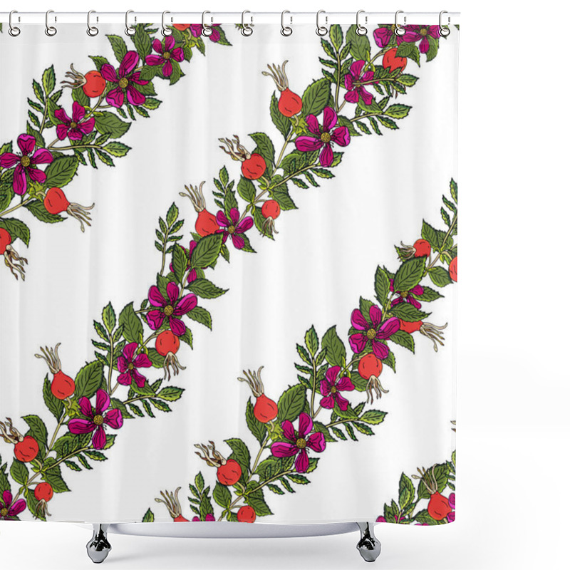 Personality  Dogrose Berries Seamless Pattern. Vector Background Wild Rose Fruits With Green Leaf For Design Label Syrup, Tea Packaging Or Printing Fabric. Shower Curtains