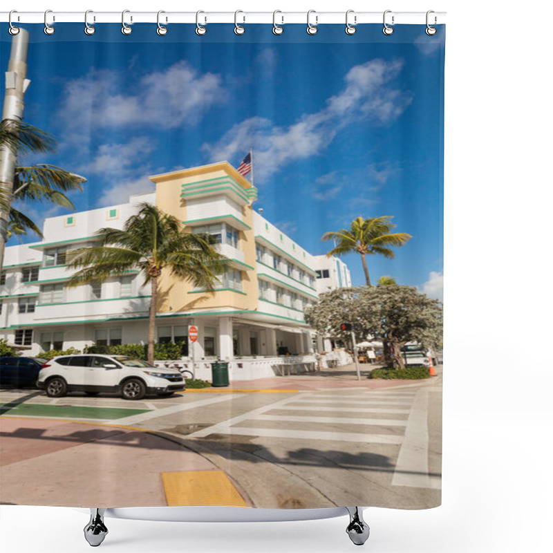 Personality  Green Palm Trees Growing Next To Road And Modern Condominium In Miami  Shower Curtains