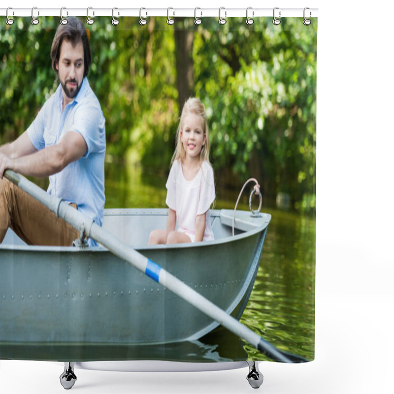 Personality  Side View Of Father And Daughter Riding Boat On Lake At Park Shower Curtains