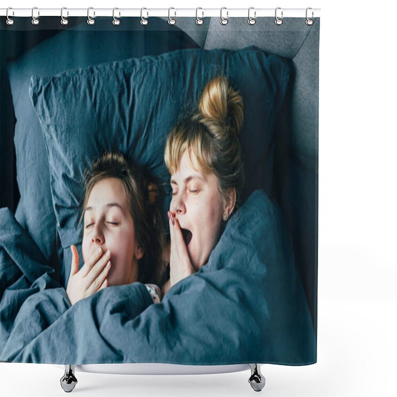 Personality  Portrait Of Light Hair Long Hair Mother And Daughter On Pillow Under The Duvet Together Yawn In Soft Sleepy Morning Light On Blue Linen Bed. Concept Of Happy Family Living, Relaxation, Comfort, Fun.  Shower Curtains