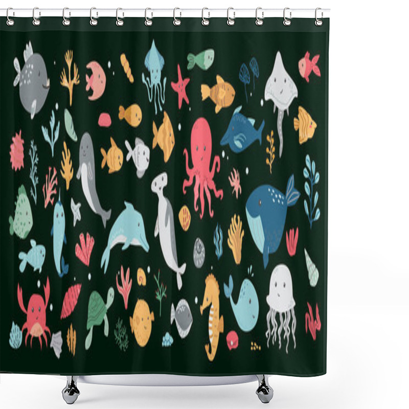 Personality  Collection Of Marine Life Elements - Whales, Dolphins, And Sea Creatures On Dark Background. Kids Sea Animals Big Bundle. Shower Curtains