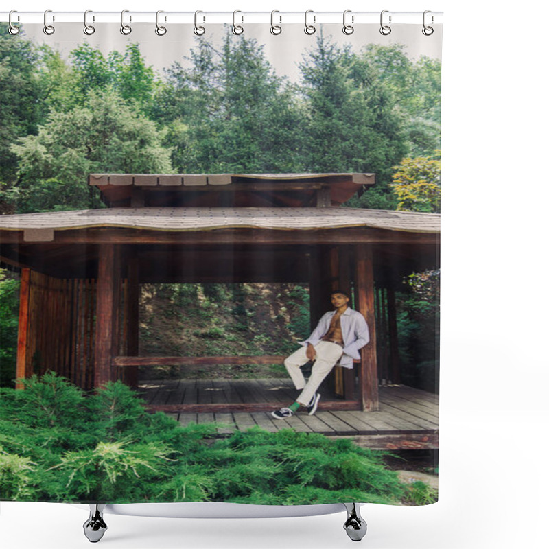 Personality  Full Length Of Trendy African American Man In Wooden Gazebo In Green Park Shower Curtains