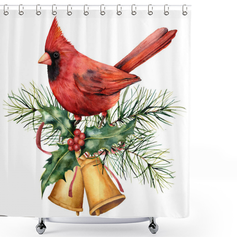 Personality  Watercolor Christmas Card With Red Cardinal And Winter Design. Hand Painted Bird With Bells, Holly, Red Bow, Berries, Fir Branch Isolated On White Background. Holiday Symbol For Design, Print. Shower Curtains