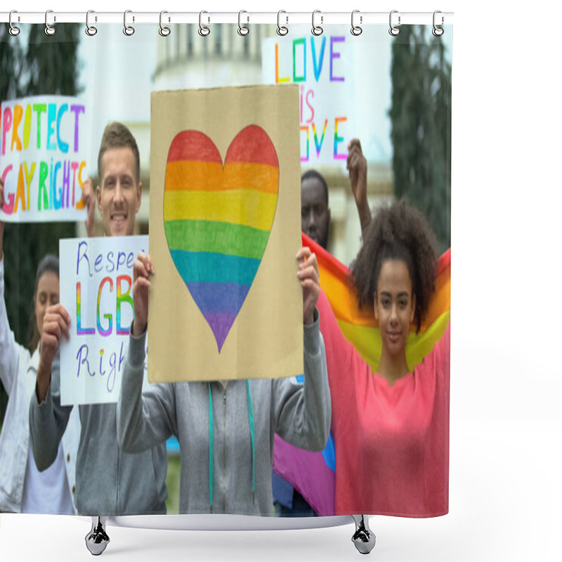 Personality  LGBT Activists Holding Posters With Rainbow Symbols, Demanding Equal Rights Shower Curtains