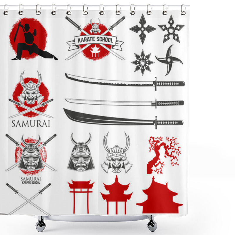 Personality  Set Of Karate School Labels, Emblems And Design Elements. Katana Shower Curtains