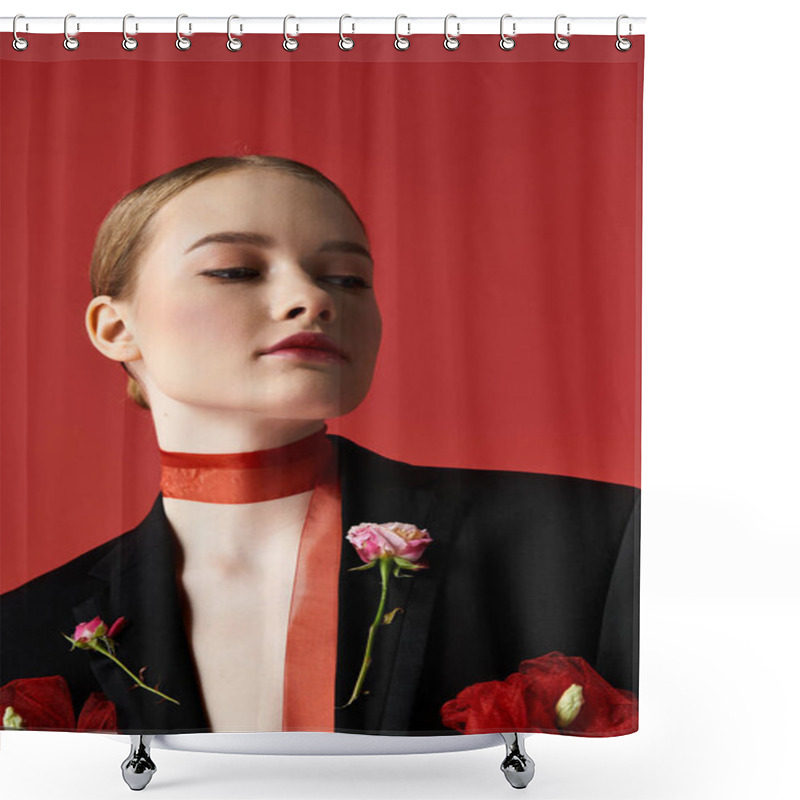 Personality  A Graceful Young Woman Gazes Thoughtfully With Flowers Embellishing Her Attire. Shower Curtains