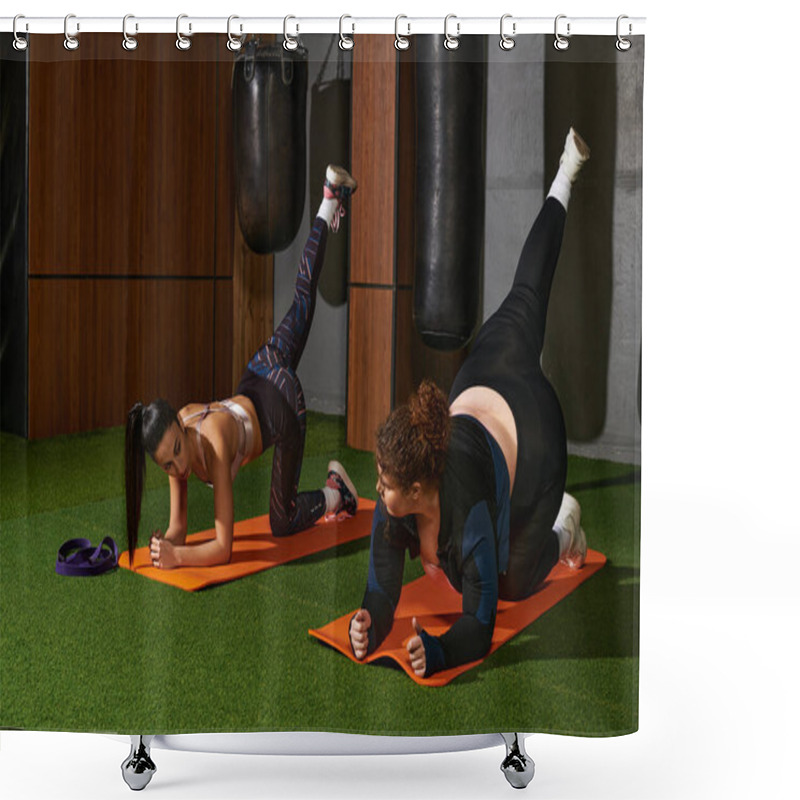 Personality  Two Fitness Enthusiasts Tackle Tough Exercises On Mats In A Modern Gym. Shower Curtains