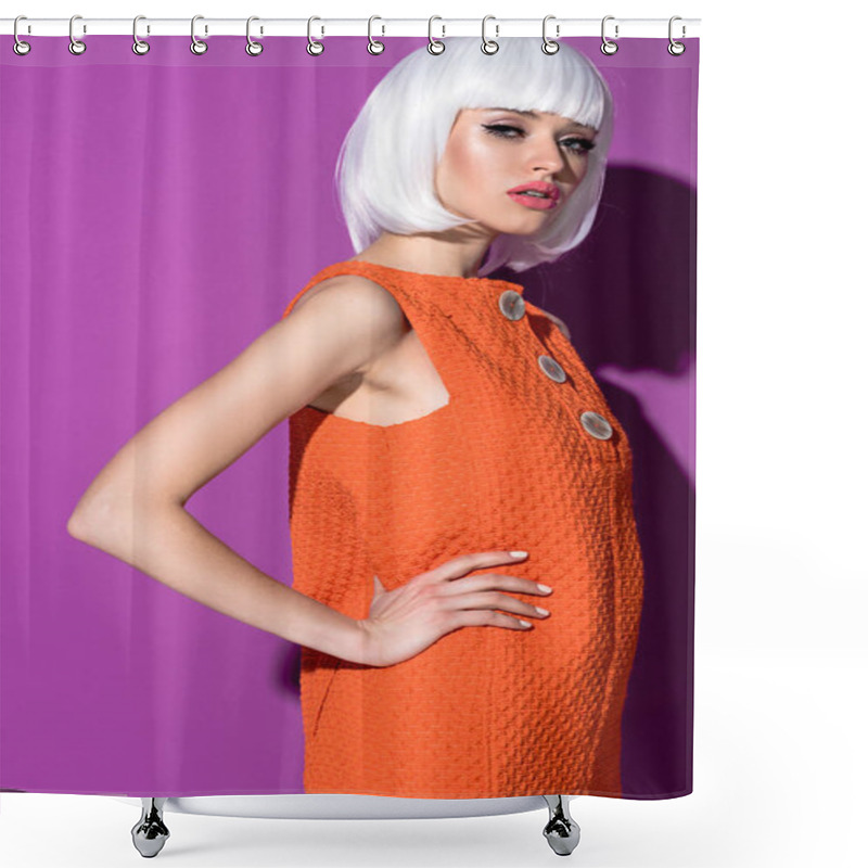 Personality  Beautiful Woman In White Wig Standing With Arm Akimbo On Purple Background Shower Curtains