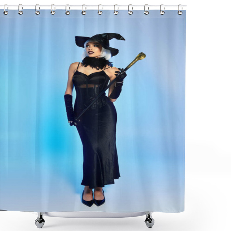 Personality  Dressed As A Witch, The Beautiful Woman Showcases Her Enchanting Costume With Flair. Shower Curtains