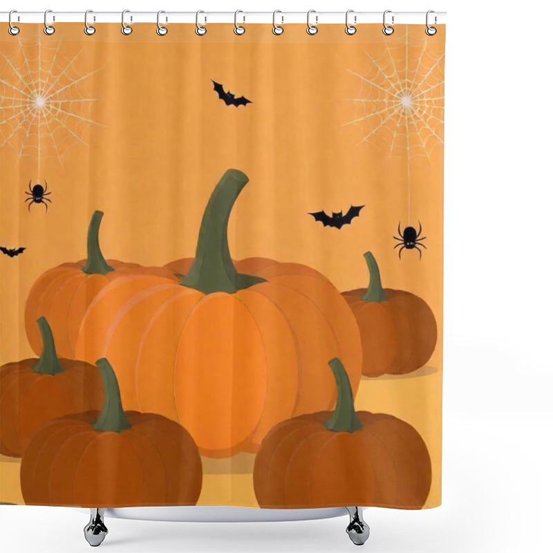 Personality  An Establishing Shot Of A Flat Lay Vector Illustration Showcasing A Pumpkin Patch Filled With Various Sizes Of Pumpkins. The Scene Is Accented With Delicate Spider Webs Draped Across The Pumpkins And Tiny Spiders Shower Curtains