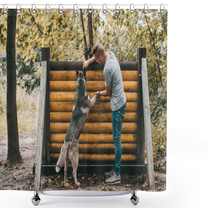 Personality  Cynologist Training With Husky Dog On Jumping Obstacle In Agility Trial Shower Curtains