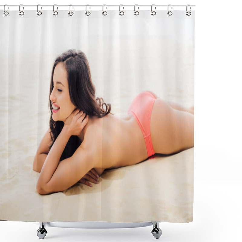 Personality  Beautiful Topless Young Woman Smiling And Relaxing On Sandy Beach Shower Curtains