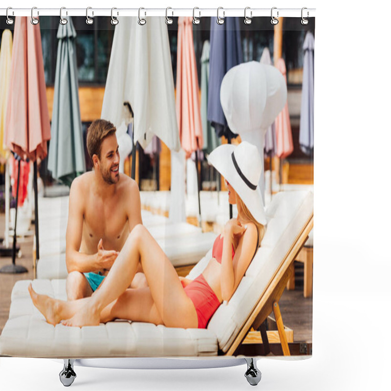 Personality  Sexy Smiling Couple Looking At Each Other On Loungers At Resort In Sunny Day Shower Curtains