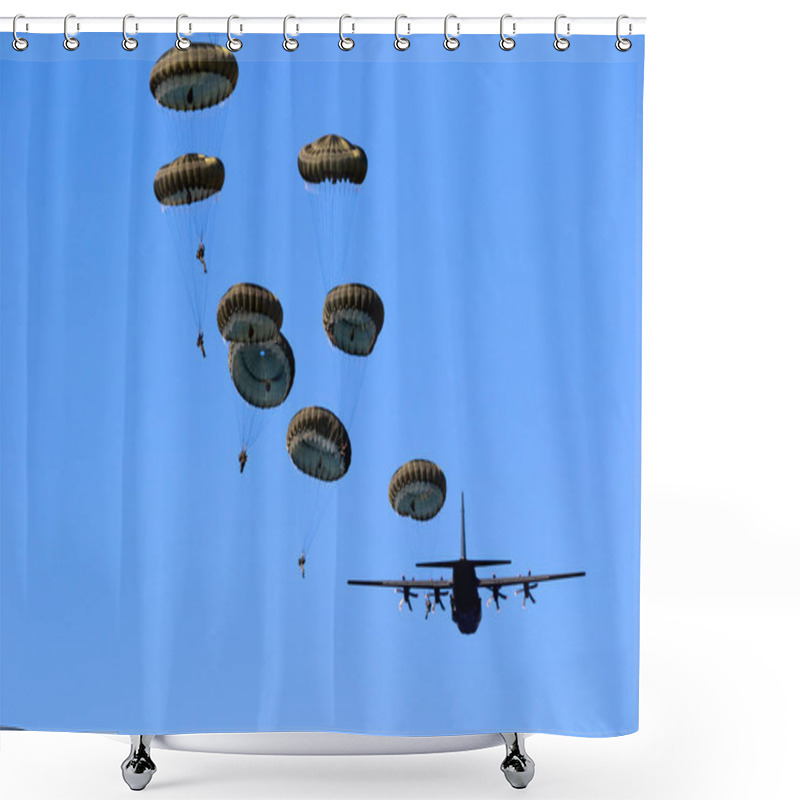 Personality  Military Parachutist Paratroopers Jumping Out Of An Air Force Airplane. Shower Curtains