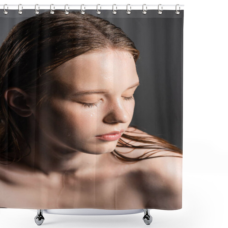 Personality  Young Model With Wet Hair And Naked Shoulder Closing Eyes Isolated On Grey  Shower Curtains