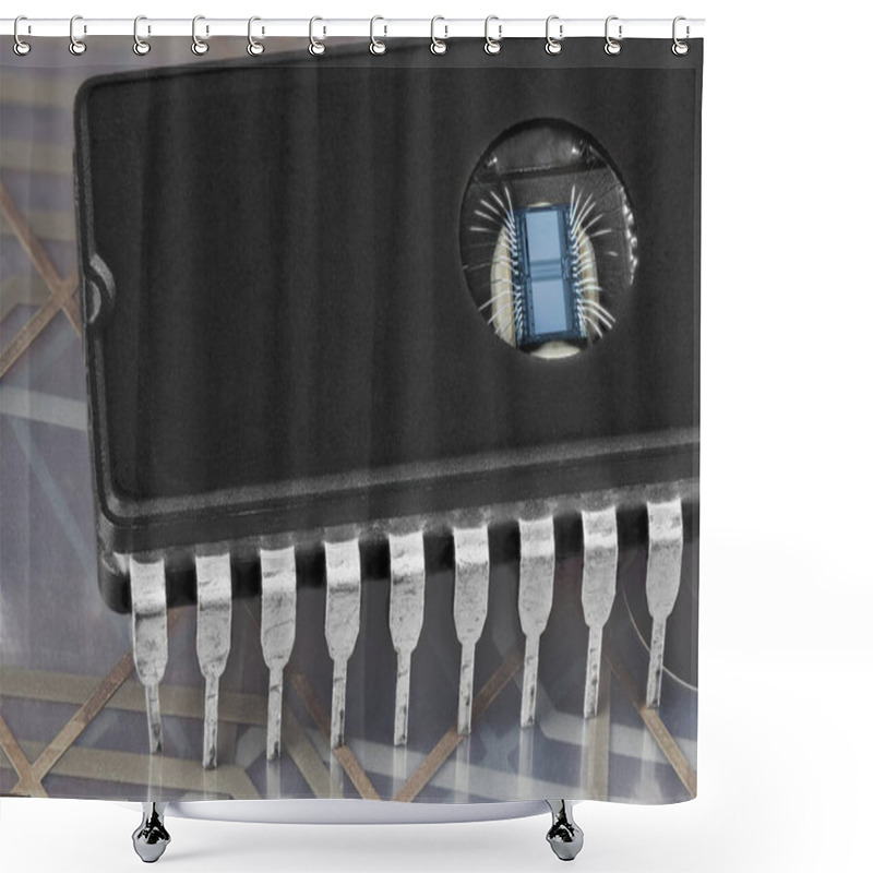 Personality  Computer Erasable Programmable Read-only Memory Chip On Flex PCB Membrane Detail. Digital EPROM Integrated Circuit With Round Window To Erase Data By UV Light. Thin Silver Wires On Die In DIP Package. Shower Curtains