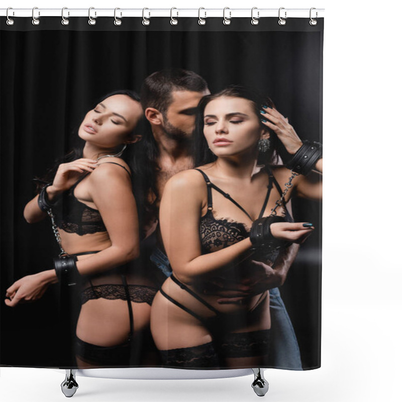 Personality  Young Man Near Seductive Brunette Women In Handcuffs On Black Shower Curtains