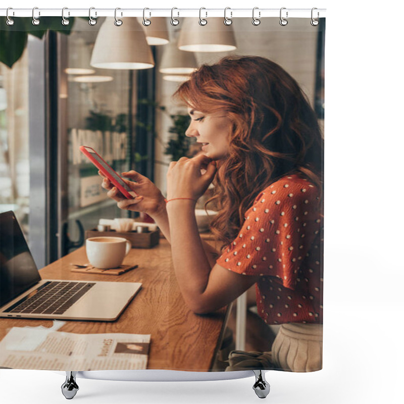 Personality  Side View Of Young Woman Using Smartphone At Table With Laptop In Coffee Shop Shower Curtains