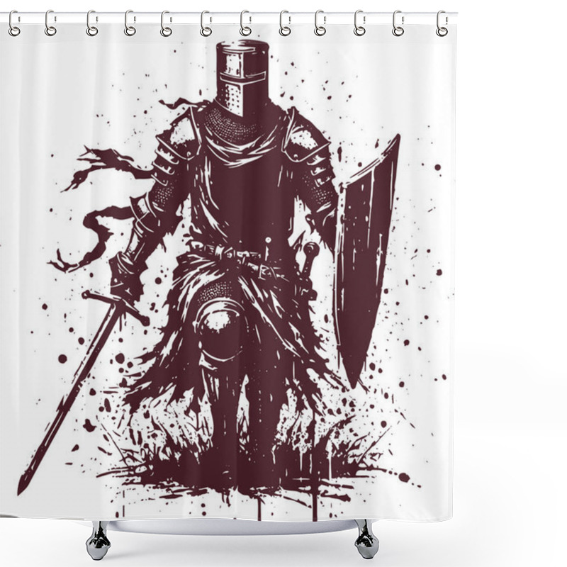 Personality  A Knight In Armor Goes Into Battle Holding A Sword And Shield At The Ready Abstract Vector Stencil Drawing Shower Curtains