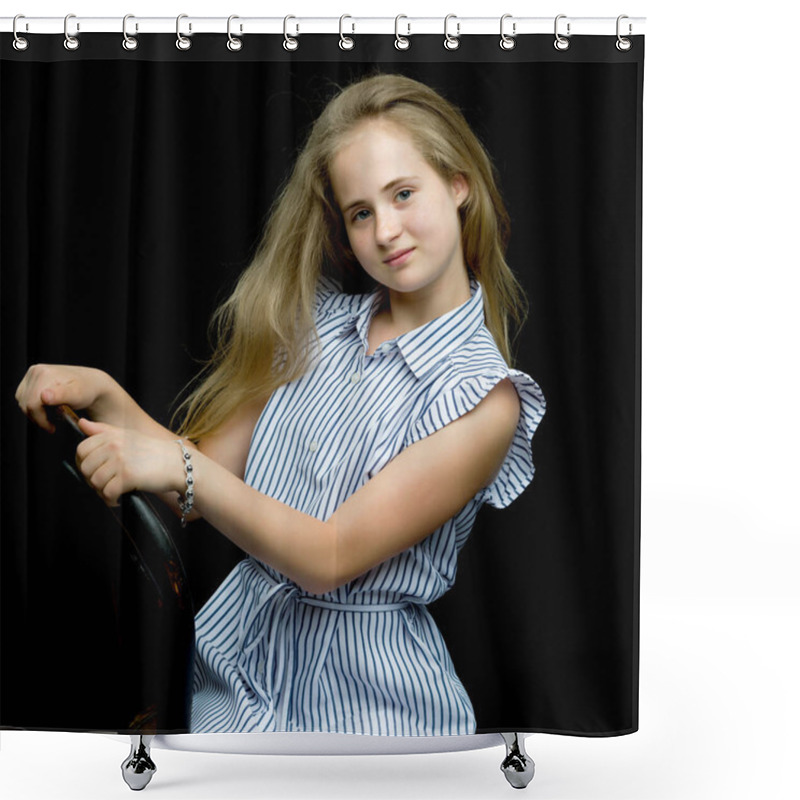 Personality  Schoolgirl Portrait Of Teenage Girl Close-up. Isolated Shower Curtains