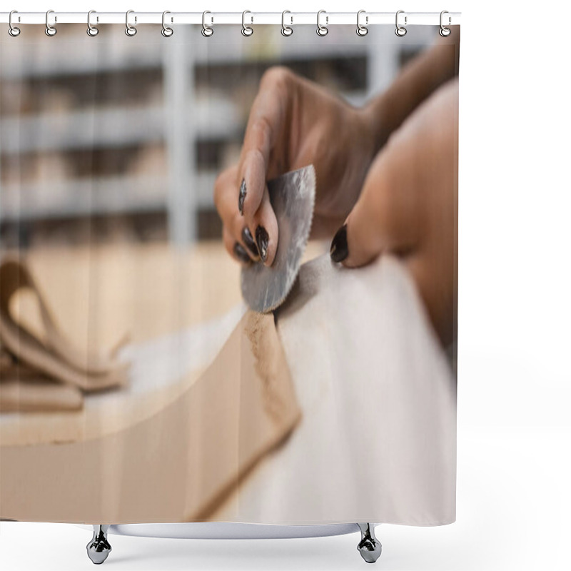 Personality  Cropped View Of African American Woman Holding Steel Scraper While Modeling Clay Piece  Shower Curtains